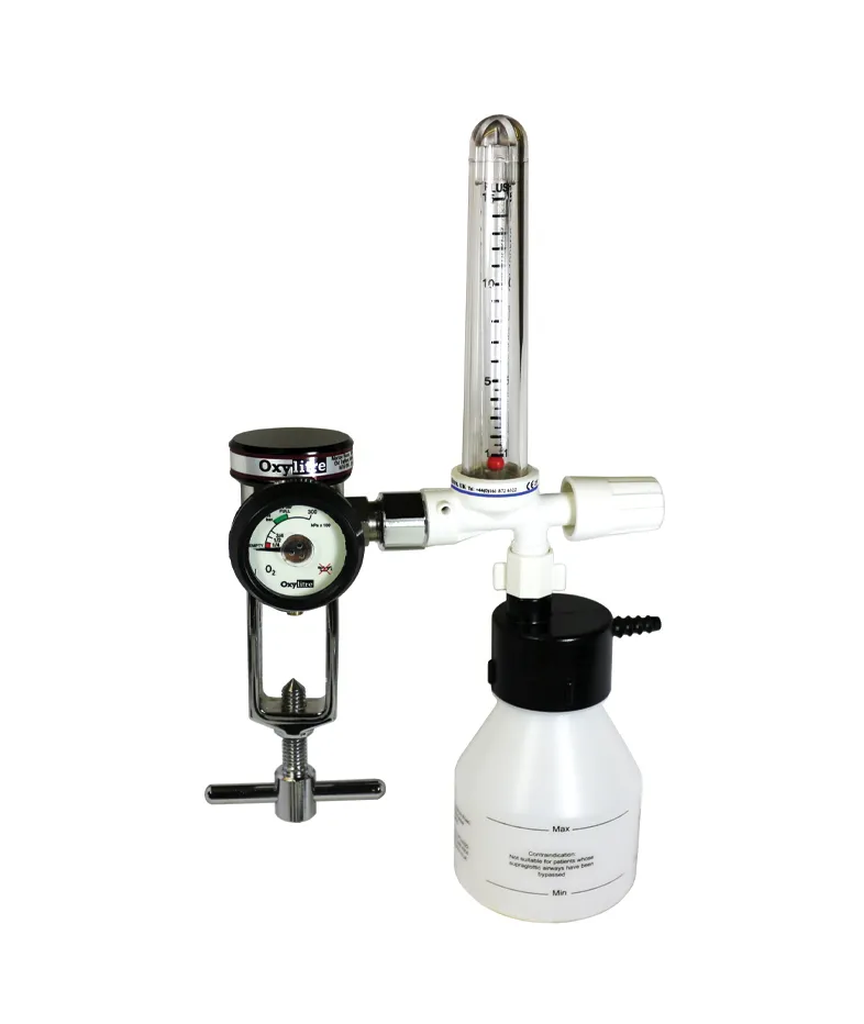 Compact Regulator Complete with Moulded flowmeter and humidifier bottle , Oxygen 0-15lpm Pin-Index