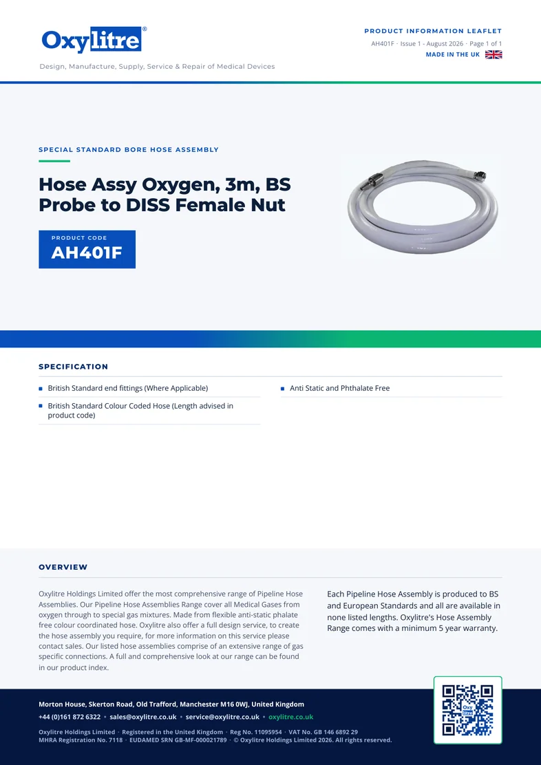 Front page of the Oxylitre AH401F product leaflet