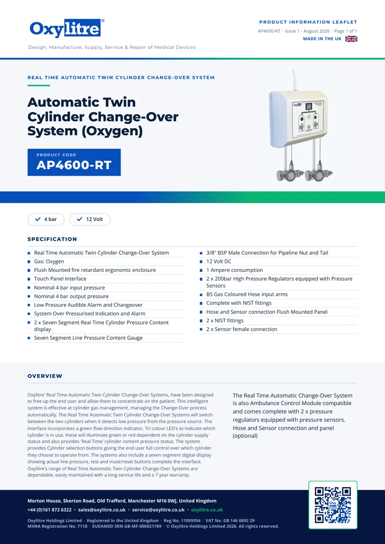 Front page of the Oxylitre AP4600-RT product leaflet
