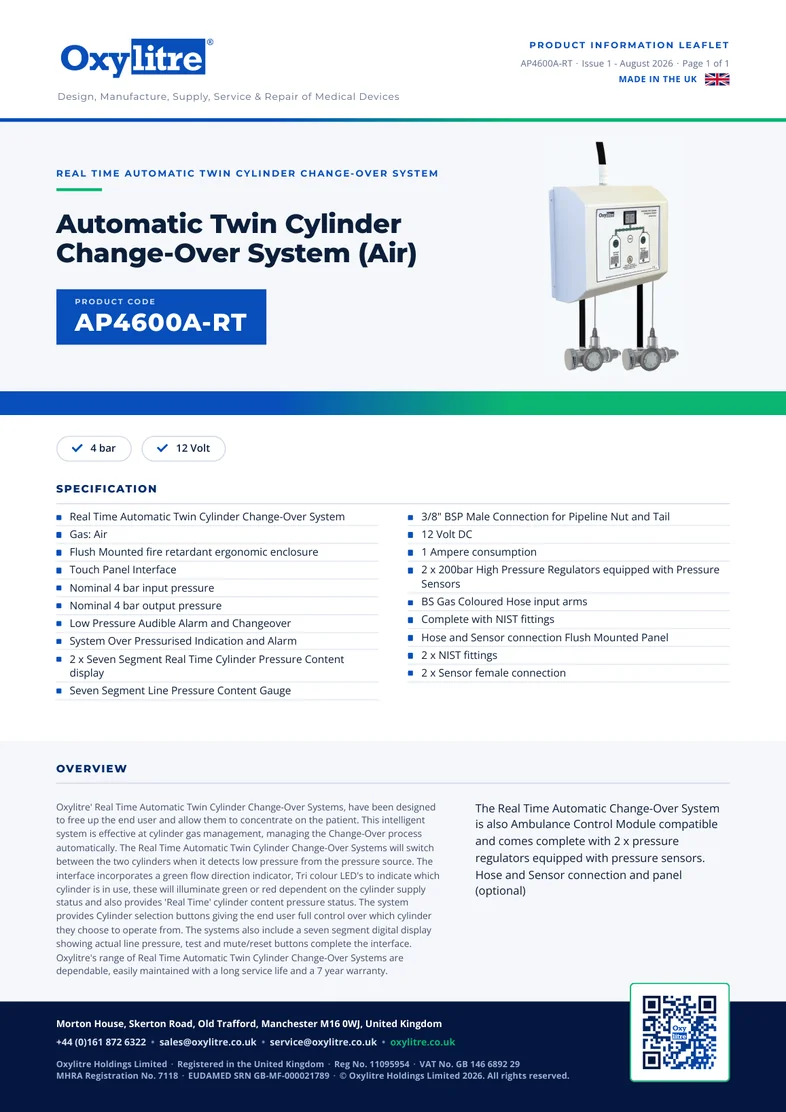 Front page of the Oxylitre AP4600A-RT product leaflet