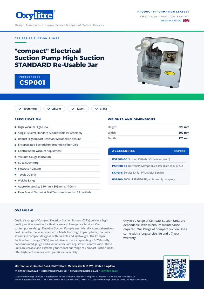 Front page of the Oxylitre CSP001 product leaflet