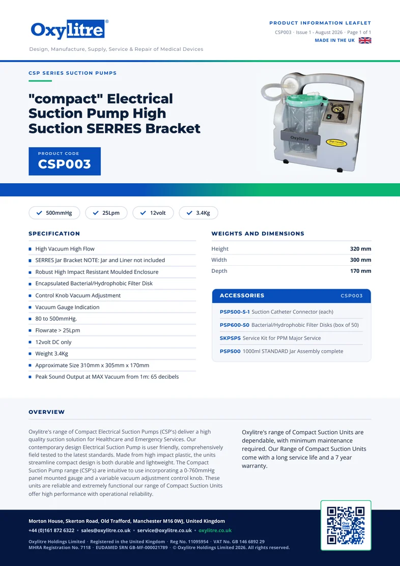 Front page of the Oxylitre CSP003 product leaflet