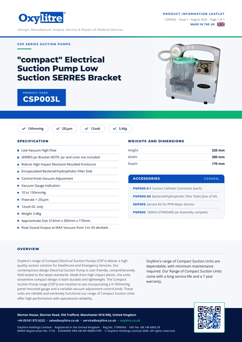 Front page of the Oxylitre CSP003L product leaflet