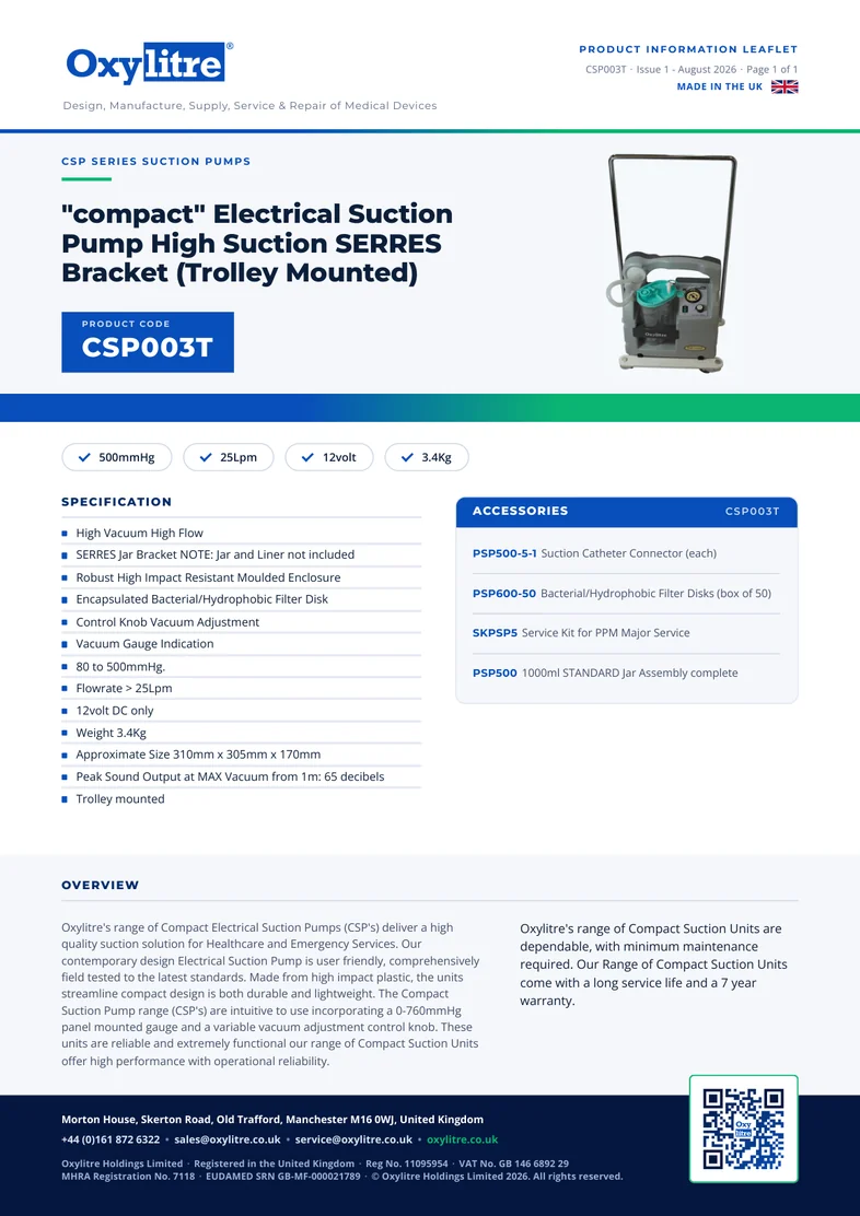 Front page of the Oxylitre CSP003T product leaflet