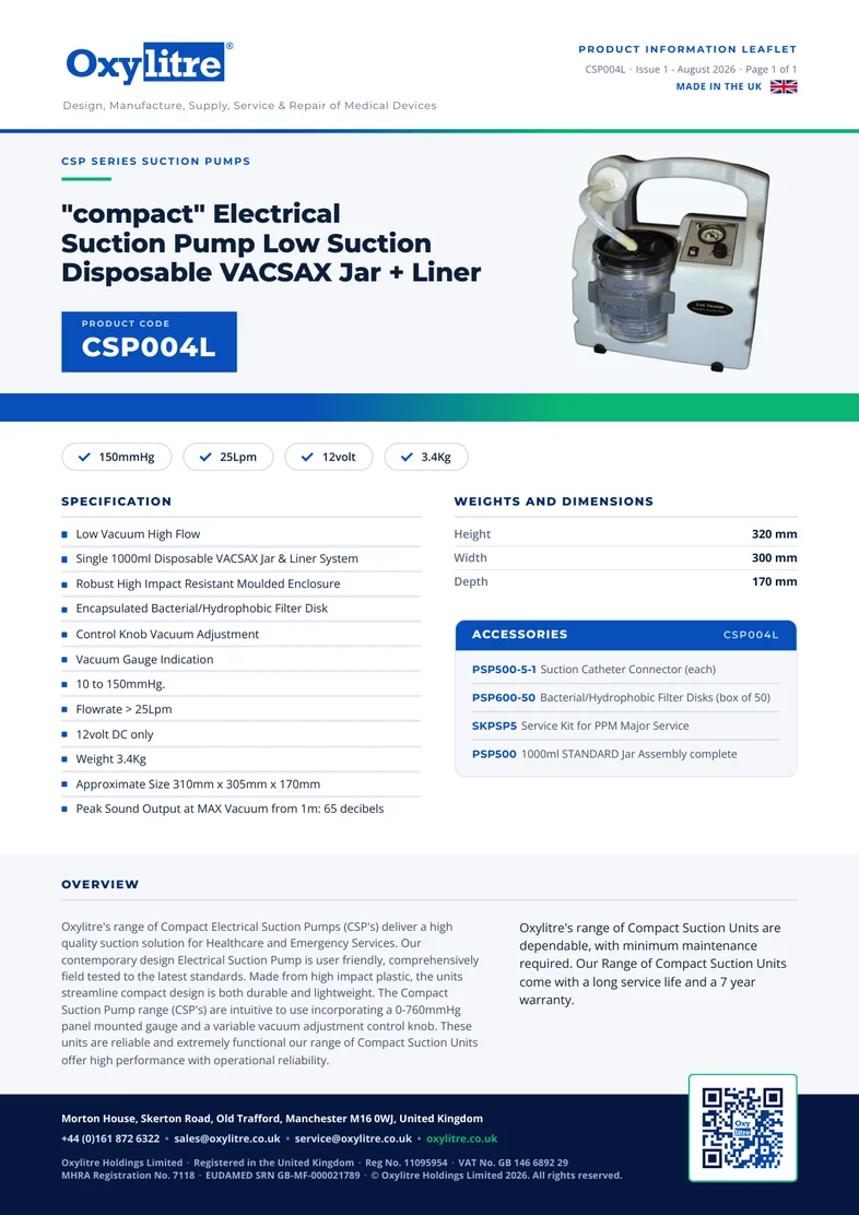 Front page of the Oxylitre CSP004L product leaflet