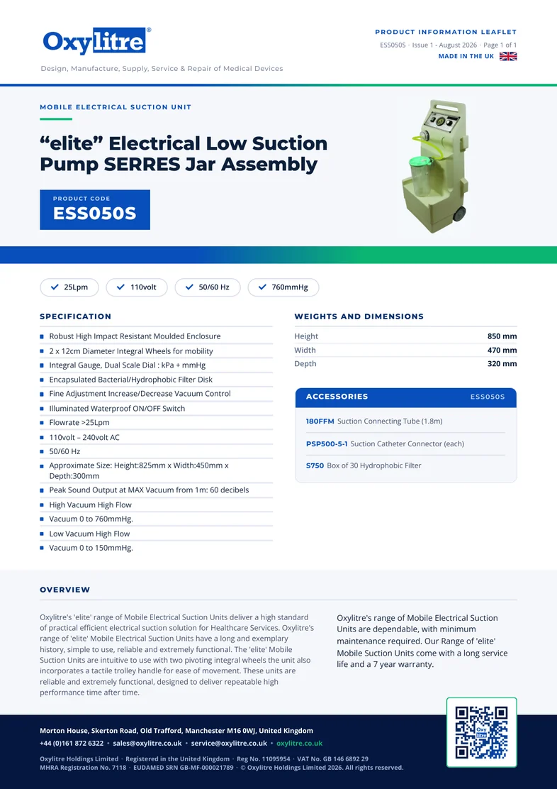 Front page of the Oxylitre ESS050S product leaflet
