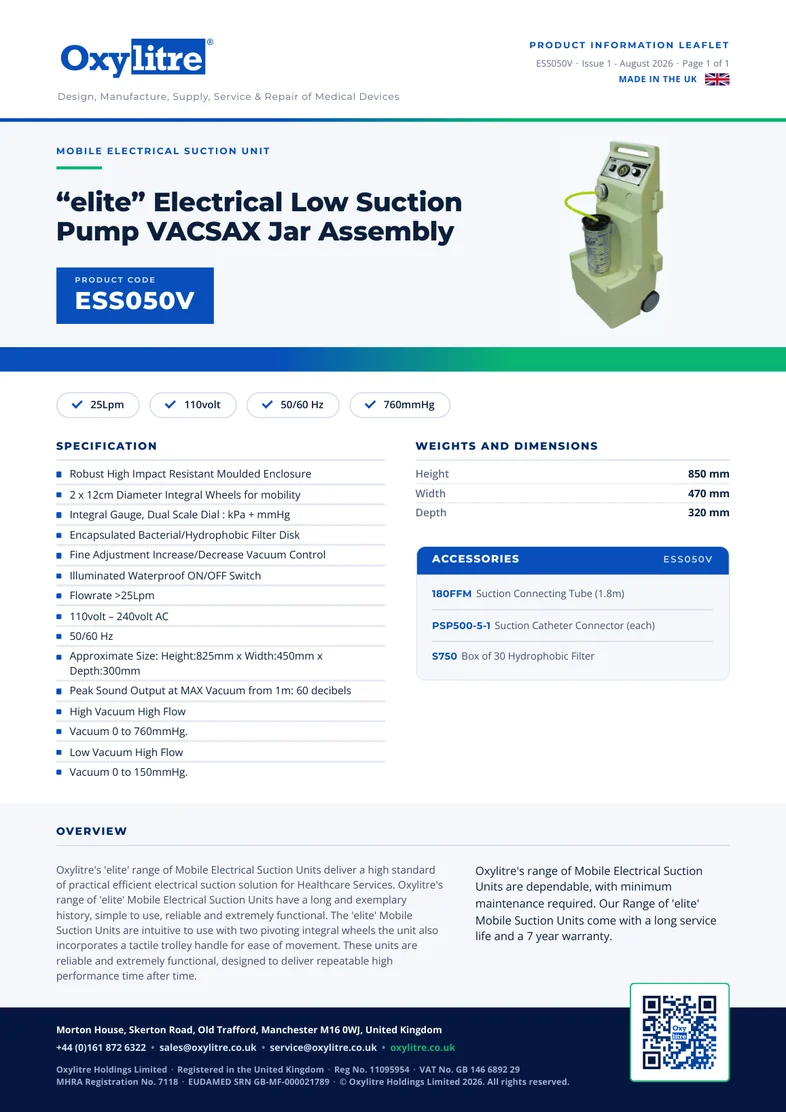 Front page of the Oxylitre ESS050V product leaflet