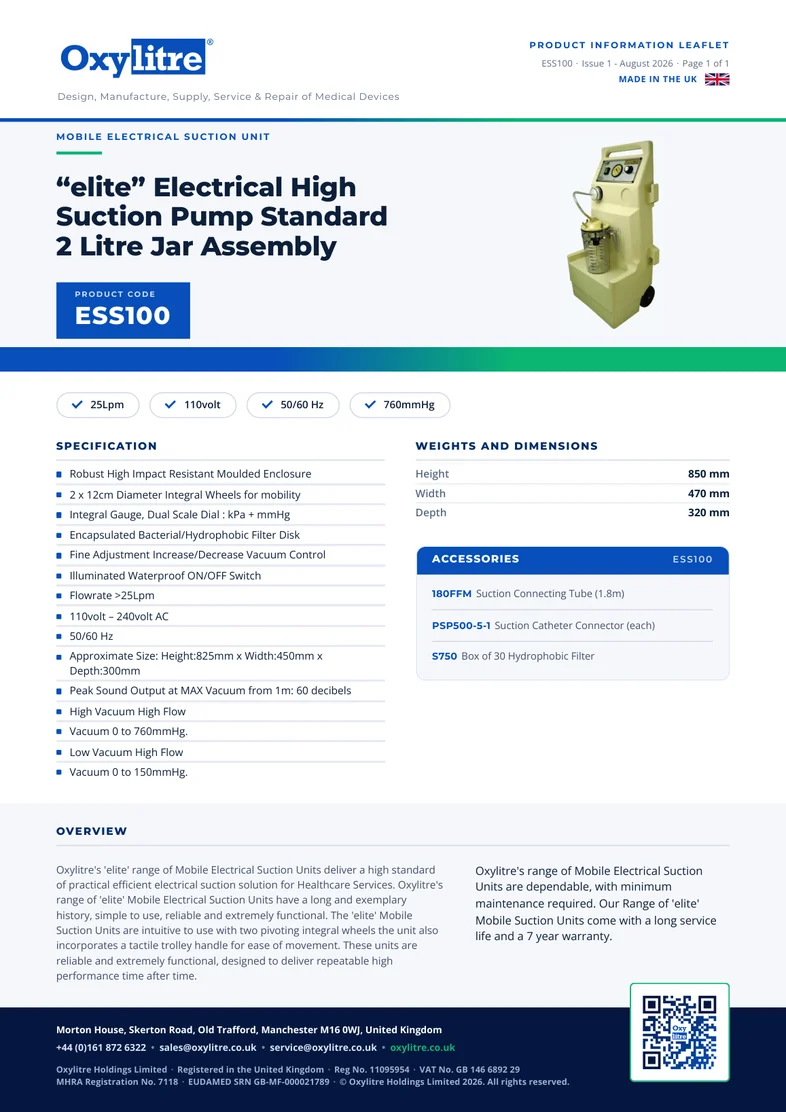 Front page of the Oxylitre ESS100 product leaflet