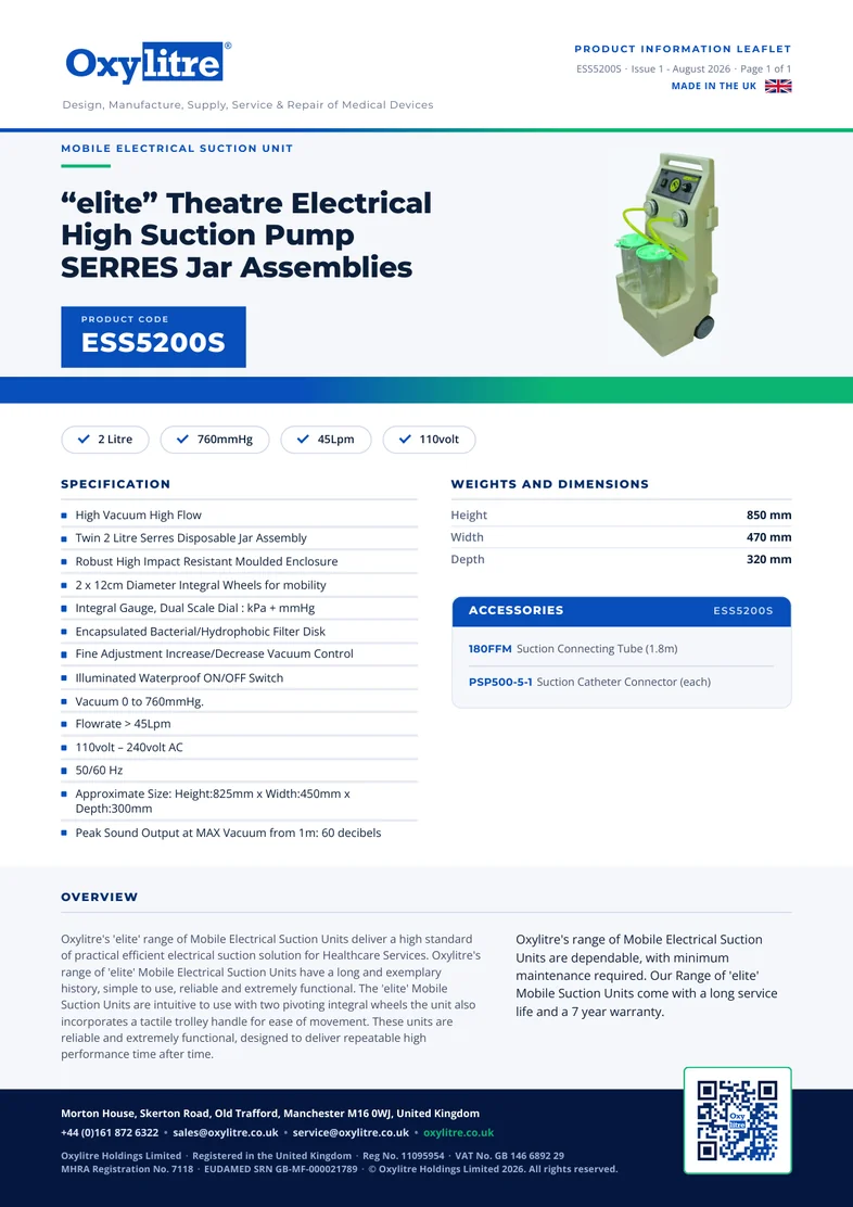 Front page of the Oxylitre ESS5200S product leaflet