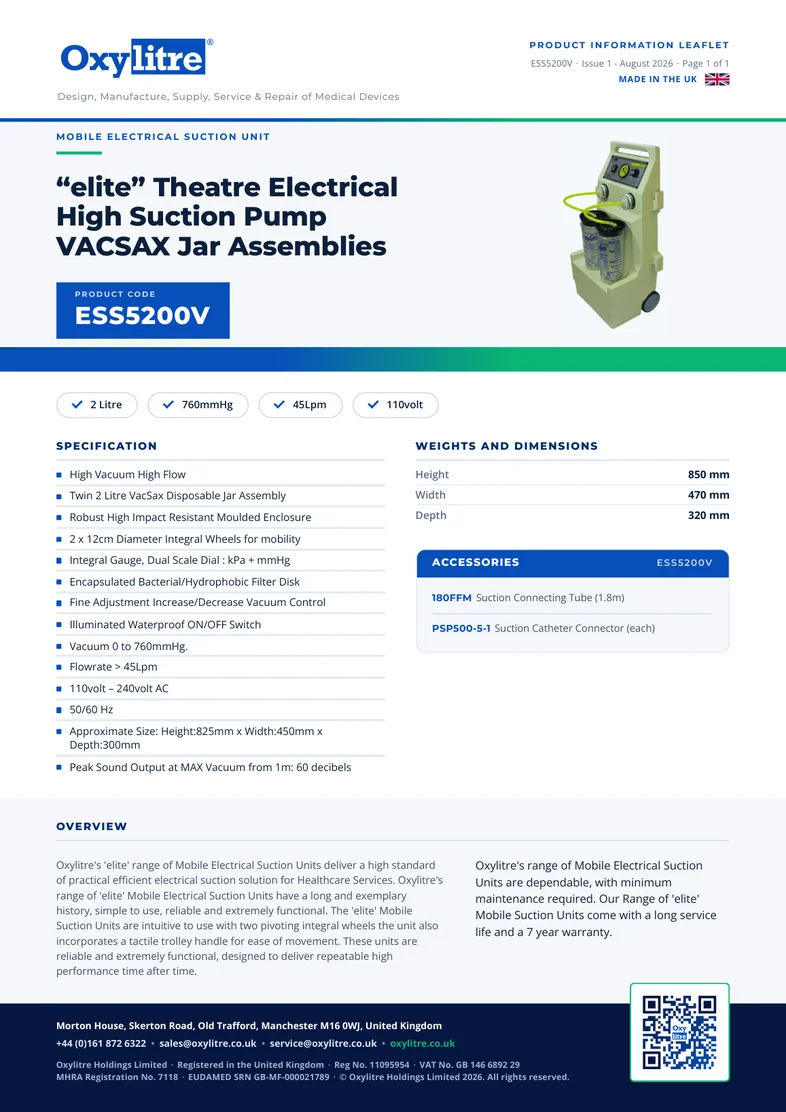Front page of the Oxylitre ESS5200V product leaflet
