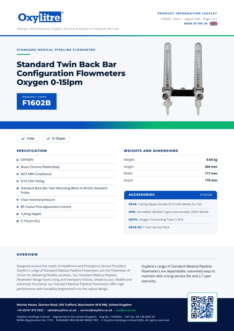 Front page of the Oxylitre F1602B product leaflet