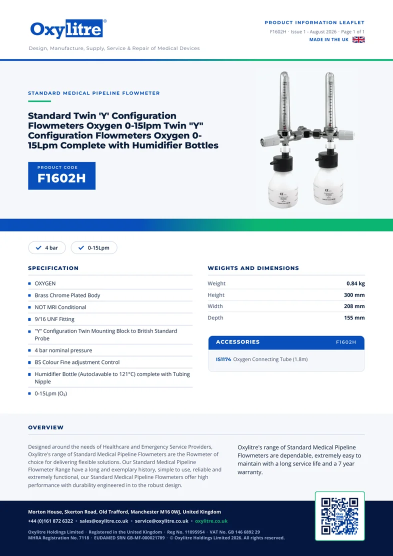 Front page of the Oxylitre F1602H product leaflet