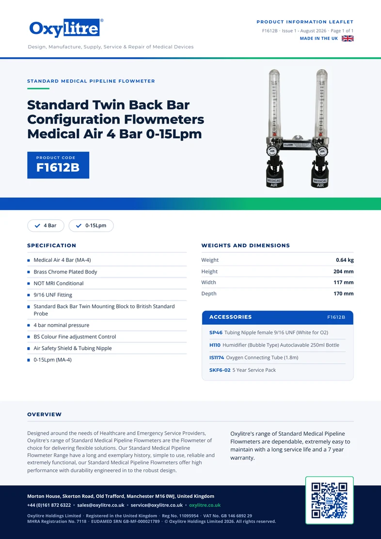 Front page of the Oxylitre F1612B product leaflet