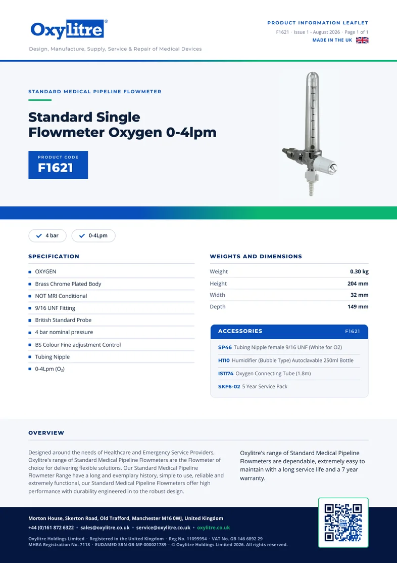 Front page of the Oxylitre F1621 product leaflet