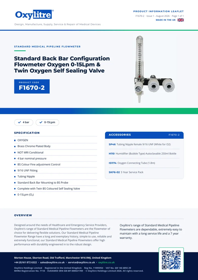 Front page of the Oxylitre F1670-2 product leaflet