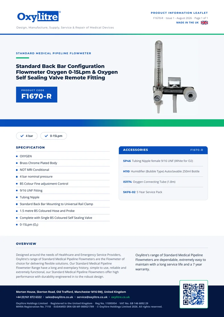Front page of the Oxylitre F1670-R product leaflet