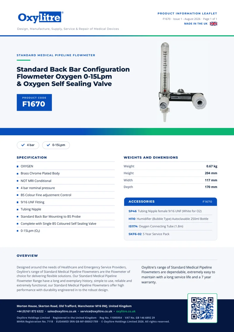 Front page of the Oxylitre F1670 product leaflet
