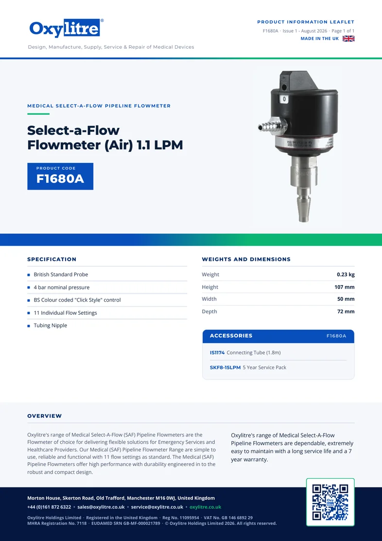 Front page of the Oxylitre F1680A product leaflet