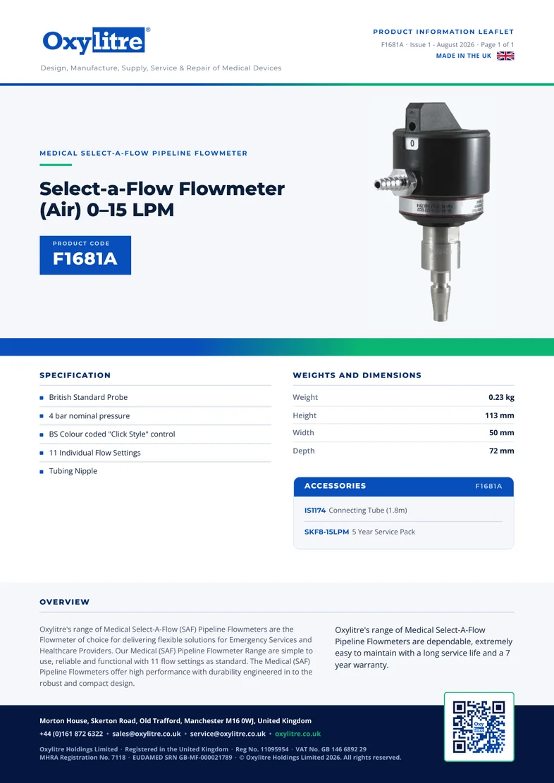 Front page of the Oxylitre F1681A product leaflet