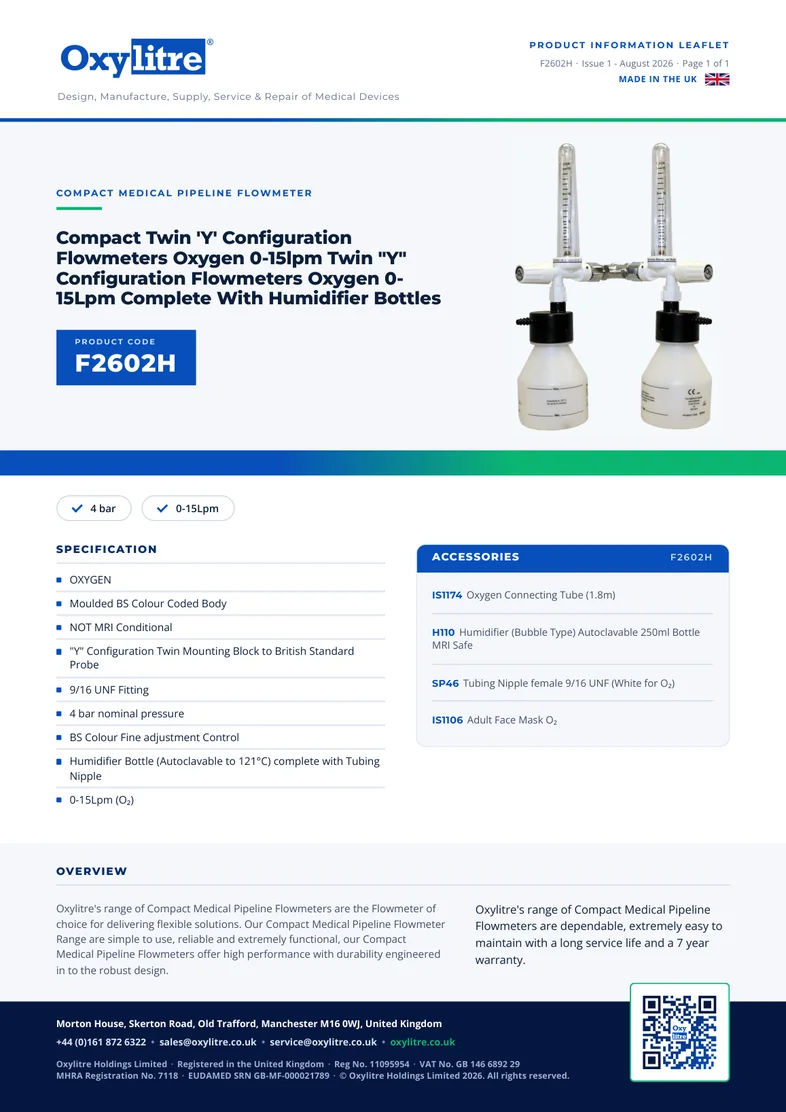 Front page of the Oxylitre F2602H product leaflet