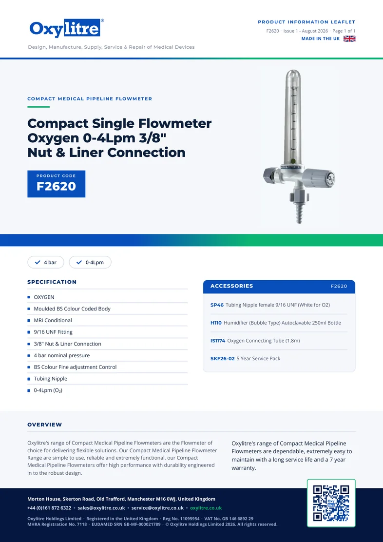 Front page of the Oxylitre F2620 product leaflet