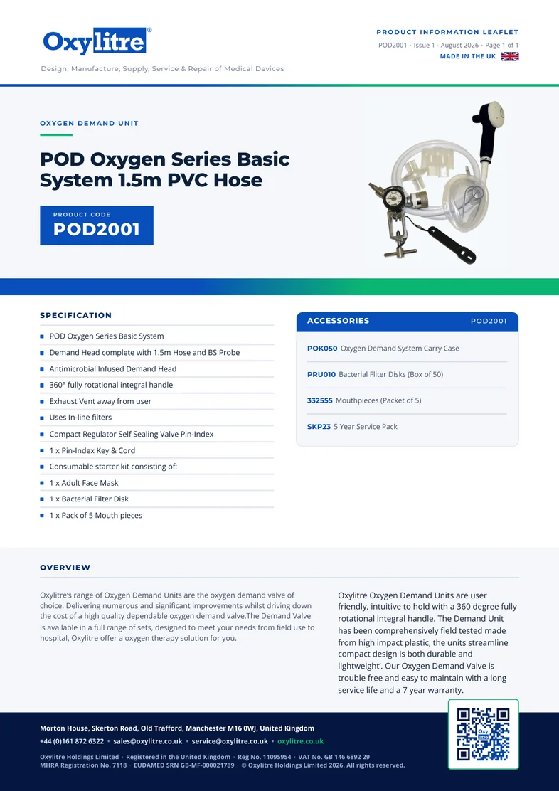 Front page of the Oxylitre POD2001 product leaflet