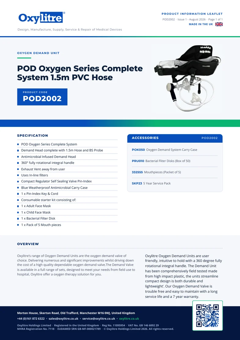Front page of the Oxylitre POD2002 product leaflet