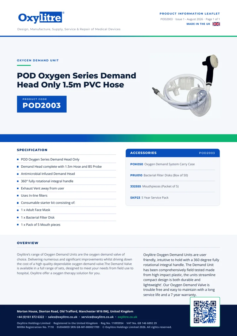 Front page of the Oxylitre POD2003 product leaflet