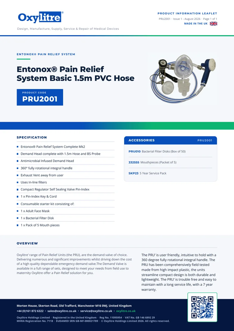 Front page of the Oxylitre PRU2001 product leaflet