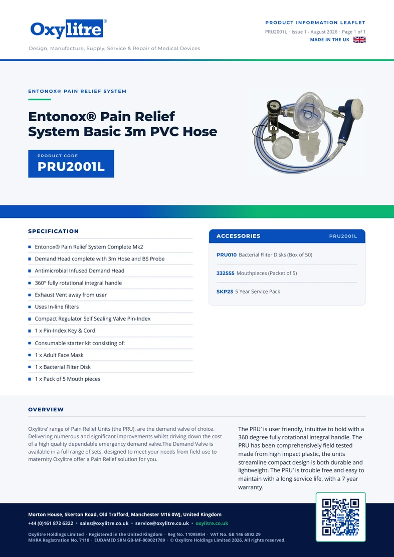 Front page of the Oxylitre PRU2001L product leaflet