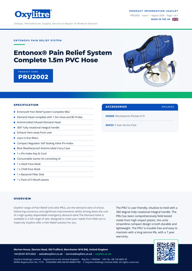 Front page of the Oxylitre PRU2002 product leaflet