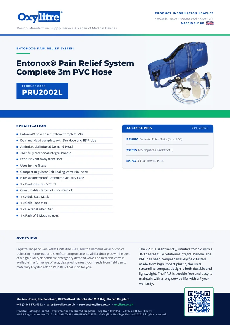 Front page of the Oxylitre PRU2002L product leaflet