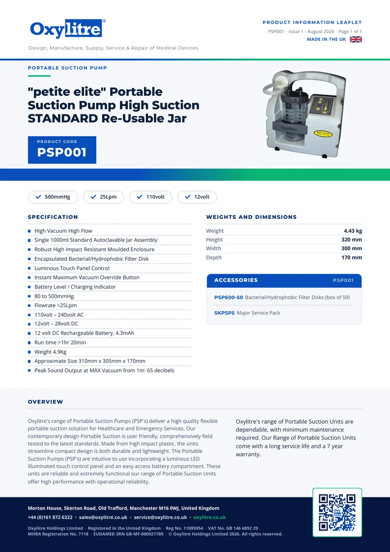 Front page of the Oxylitre PSP001 product leaflet