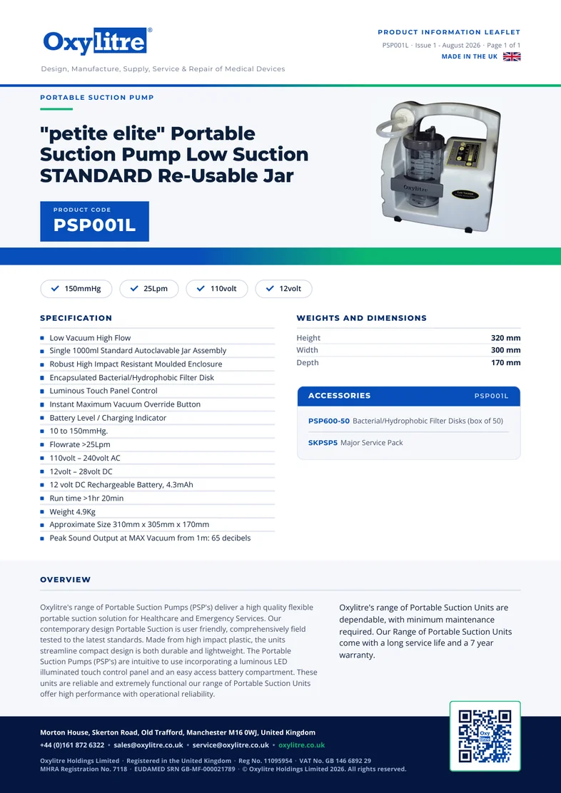 Front page of the Oxylitre PSP001L product leaflet