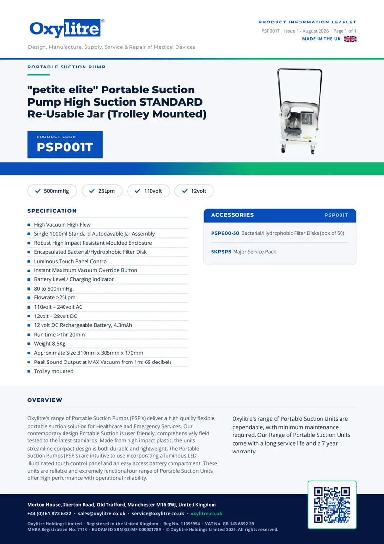 Front page of the Oxylitre PSP001T product leaflet