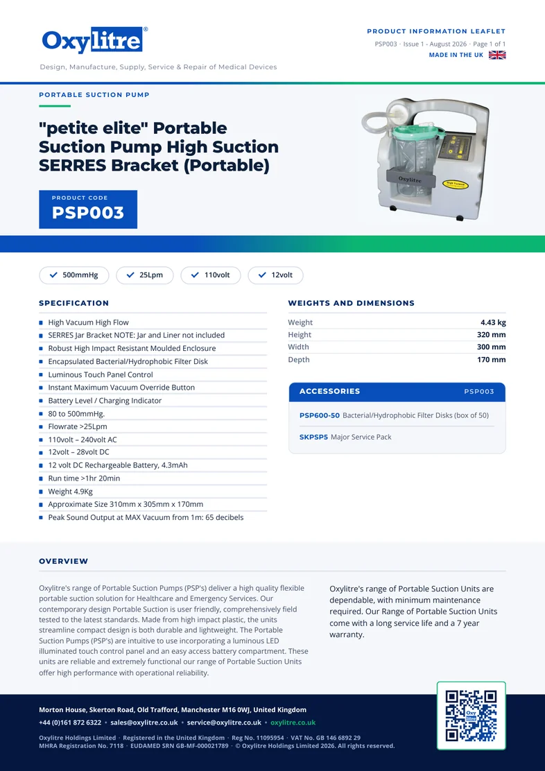 Front page of the Oxylitre PSP003 product leaflet