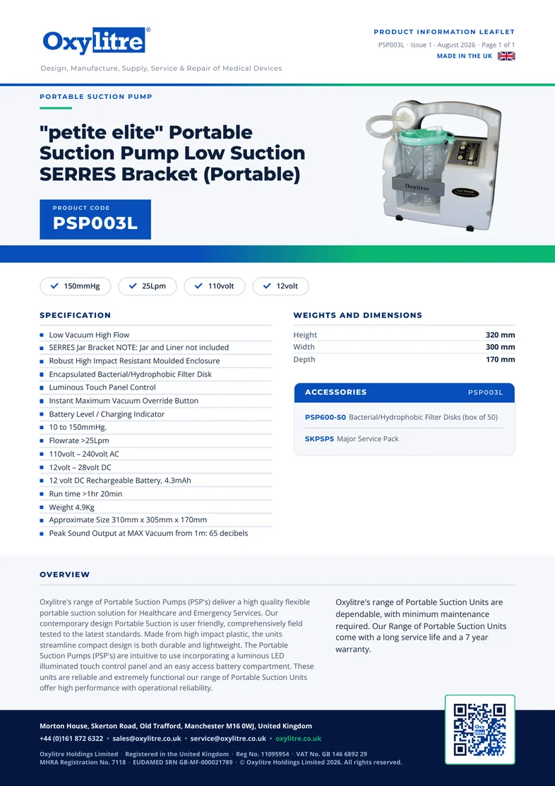 Front page of the Oxylitre PSP003L product leaflet