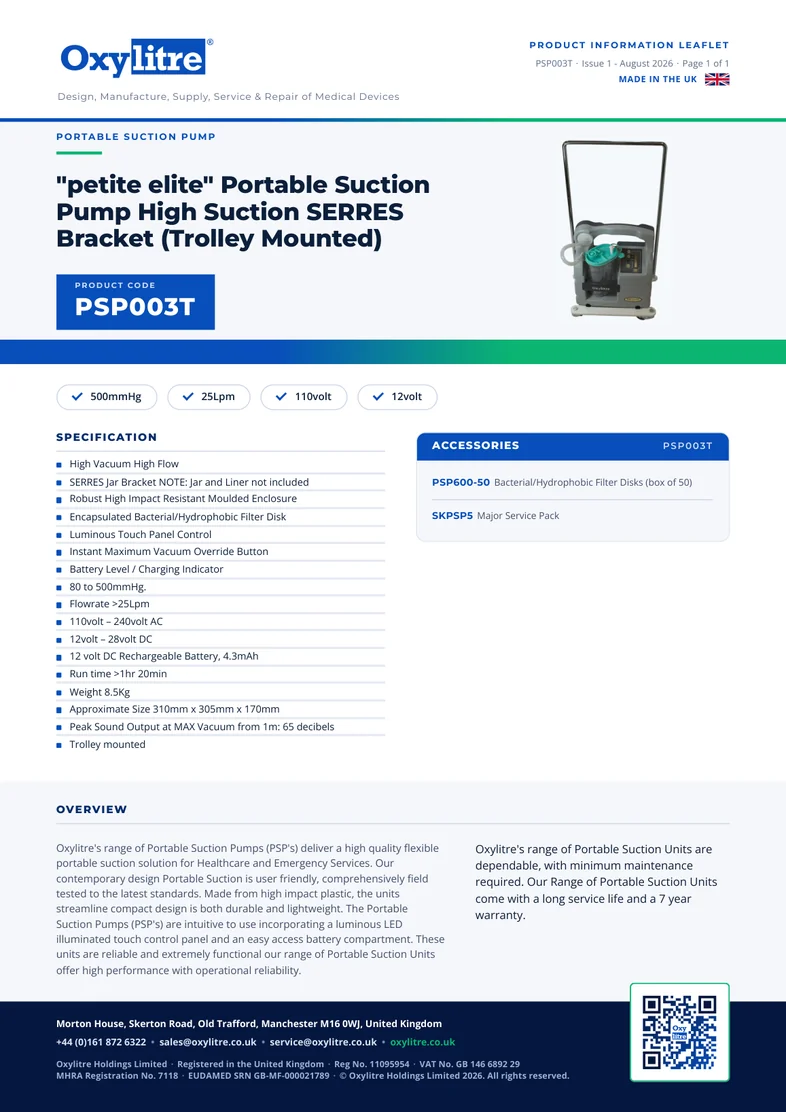 Front page of the Oxylitre PSP003T product leaflet