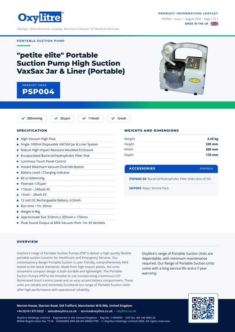 Front page of the Oxylitre PSP004 product leaflet