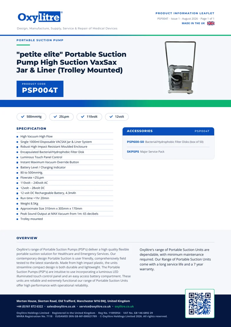 Front page of the Oxylitre PSP004T product leaflet
