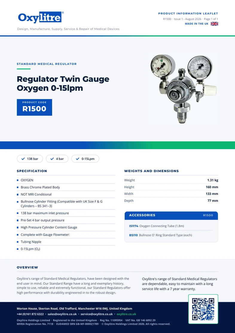 Front page of the Oxylitre R1500 product leaflet