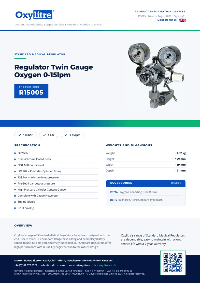 Front page of the Oxylitre R15005 product leaflet