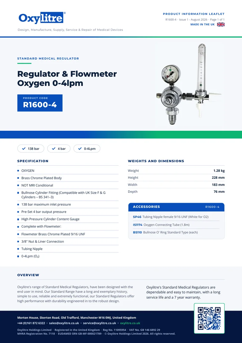 Front page of the Oxylitre R1600-4 product leaflet