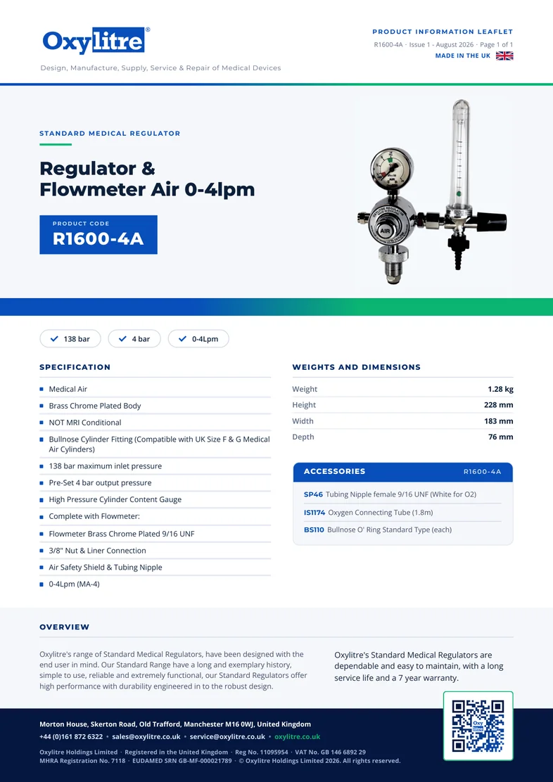 Front page of the Oxylitre R1600-4A product leaflet