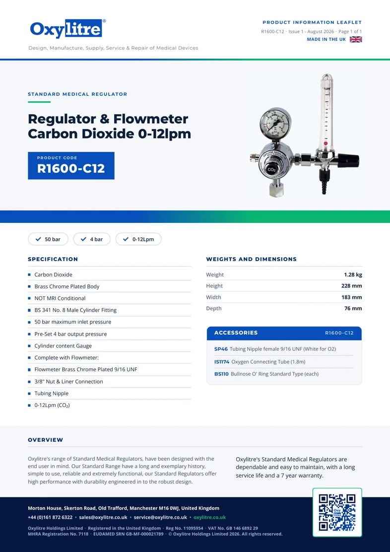 Front page of the Oxylitre R1600-C12 product leaflet