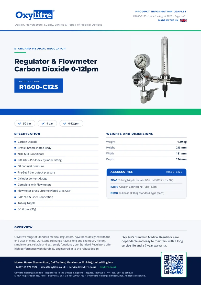 Front page of the Oxylitre R1600-C125 product leaflet