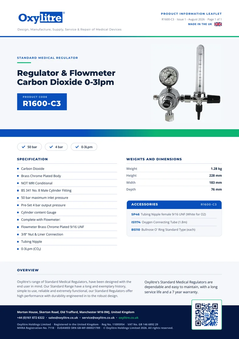 Front page of the Oxylitre R1600-C3 product leaflet