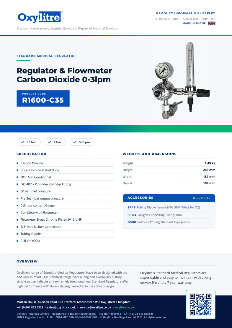 Front page of the Oxylitre R1600-C35 product leaflet
