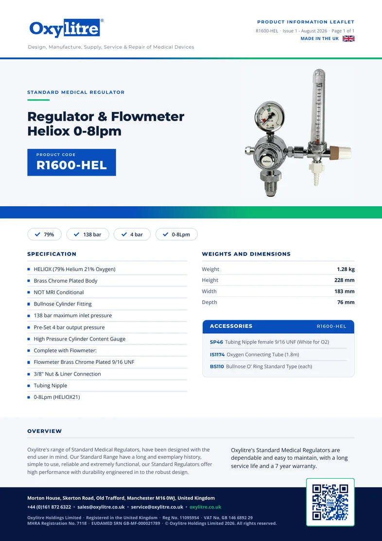 Front page of the Oxylitre R1600-HEL product leaflet