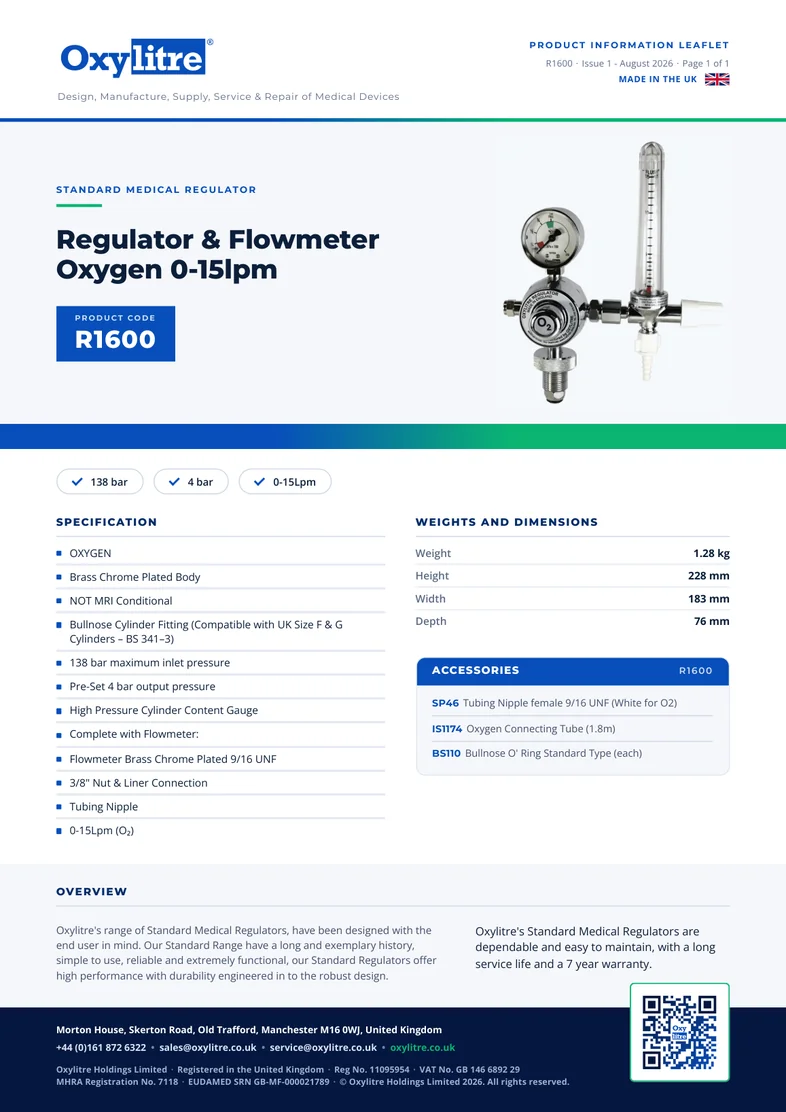 Front page of the Oxylitre R1600 product leaflet